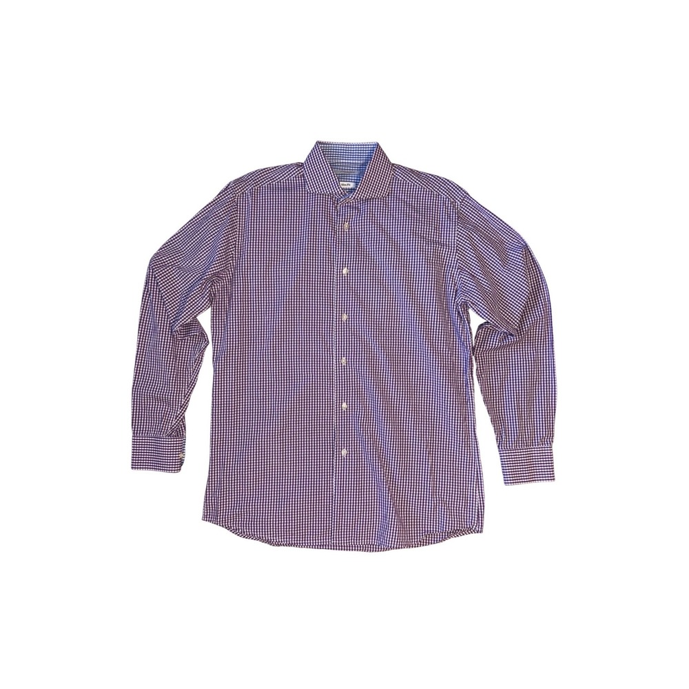 ISAAC MIZRAHI‎ Dress Shirt Mens 16 34/35 Purple Gingham Slim Fit Cotton Long